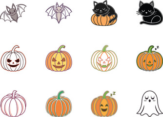 Isolated group of cartoon Halloween elements include bats, cats, pumpkins, and ghost on a white background