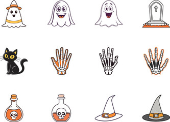 Fototapeta premium Spooky cartoon icons including smiling ghosts, skeleton hands, gravestone, black cat, and witch hats on white
