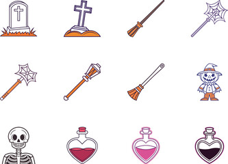 Cartoon icons showcase Halloween spooky things including tombstones, skeleton, potions, and brooms on white