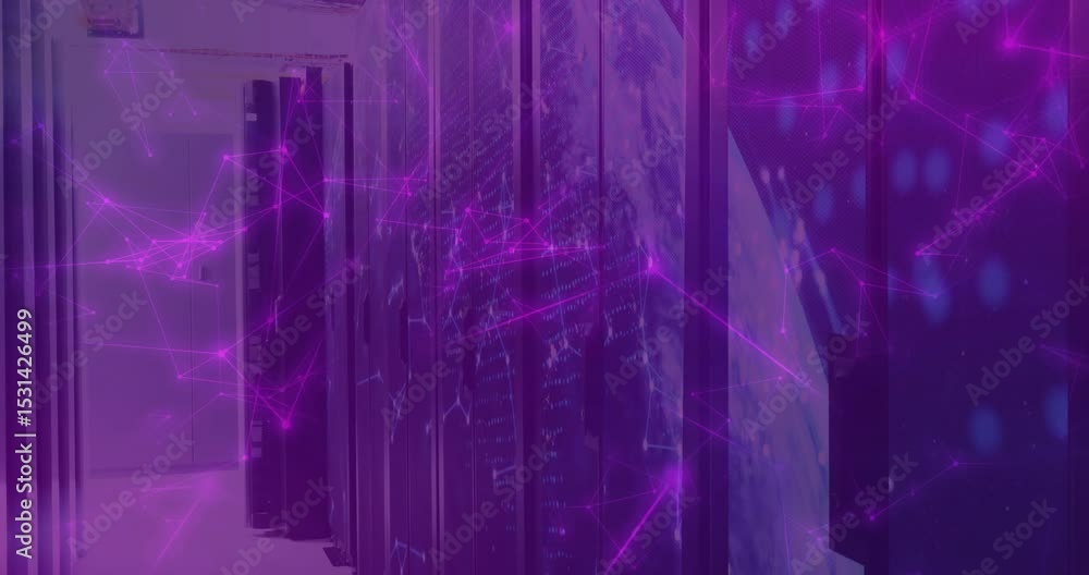 Aufkleber faint purple lines initiating network overlay pulsing across racks illustrating data connectivity