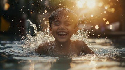 Obraz premium A joyful boy splashes in the water in a swimming pool.