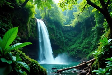 Lush rainforest, cascading waterfall, vibrant green foliage, view, background, natural
