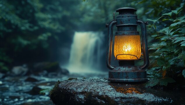 Rusty lantern illuminates a misty waterfall