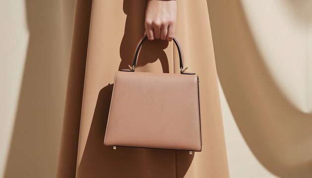 Elegant Woman Holding a Minimalist Nude Leather Handbag in Neutral Tones.