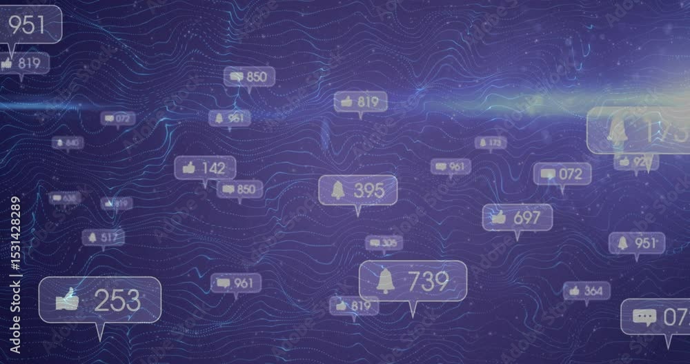 Poster initial bell icon drifting in on neon wave grid starting icons flooding showing notification cycle