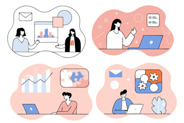 man and woman business and work meetings with results and graphic charts and social media tools