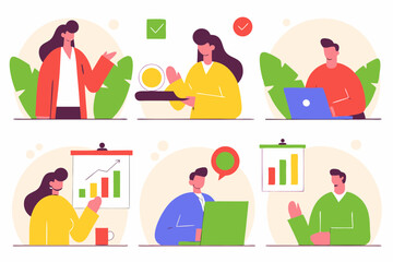 man and woman business and work meetings with results and graphic charts and social media tools