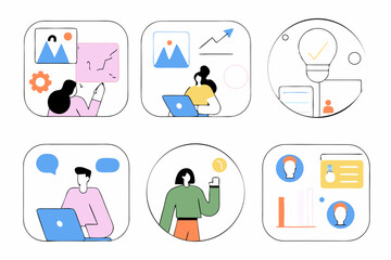 man and woman business and work meetings with results and graphic charts and social media tools