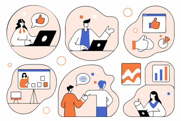 man and woman business and work meetings with results and graphic charts and social media tools