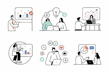 man and woman business and work meetings with results and graphic charts and social media tools