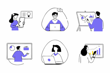 set of Social Media Marketing illustrations Collection of scenes with men and women taking part in business activities. Trendy vector style