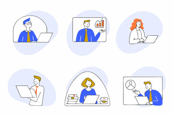 man and woman business and work meetings with results and graphic charts and social media tools