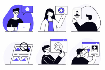man and woman business and work meetings with results and graphic charts and social media tools