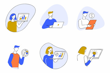 set of Social Media Marketing illustrations Collection of scenes with men and women taking part in business activities. Trendy vector style