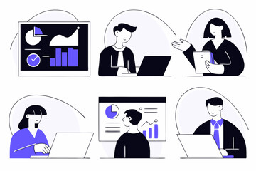 set of Social Media Marketing illustrations Collection of scenes with men and women taking part in business activities. Trendy vector style