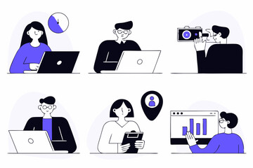 man and woman business and work meetings with results and graphic charts and social media tools