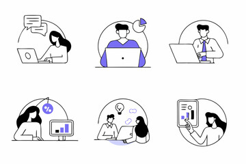 set of Social Media Marketing illustrations Collection of scenes with men and women taking part in business activities. Trendy vector style