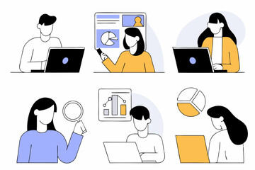 set of Social Media Marketing illustrations Collection of scenes with men and women taking part in business activities. Trendy vector style