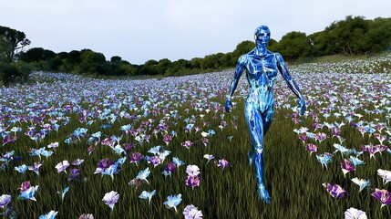 Metallic being traverses field of flowers