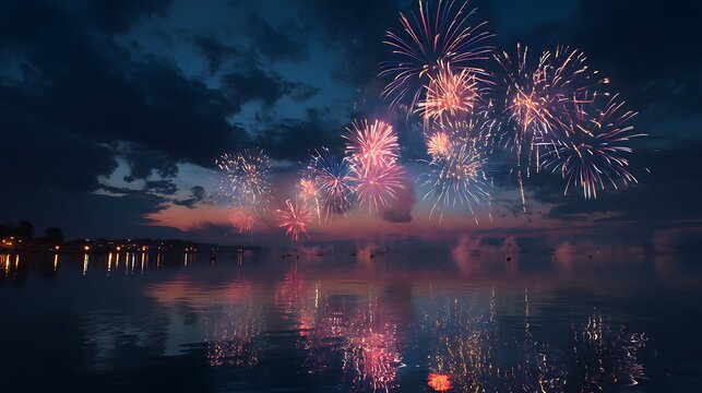 Spectacular fireworks illuminate the twilight sky reflected in tranquil water - Powered by Adobe