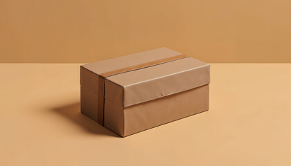 Stylish Tan Gift Box with Ribbon on a Matching Neutral Colored Background.