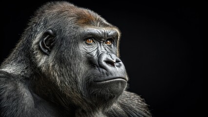 Obraz premium Gorilla Portrait Close-up, Black Background, Powerful Gaze, Wildlife Photography, Animal Portrait Gorilla, Primate