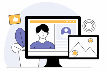 set of Social Media Marketing illustrations Collection of scenes with men and women taking part in business activities. Trendy vector style