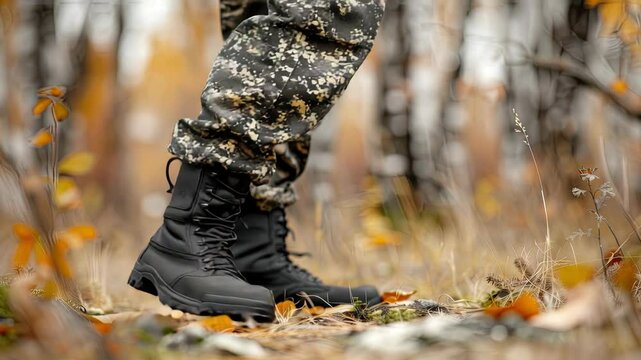 Soldiers traverse a scenic autumn landscape, showcasing their sturdy military boots amidst fallen leaves and trees