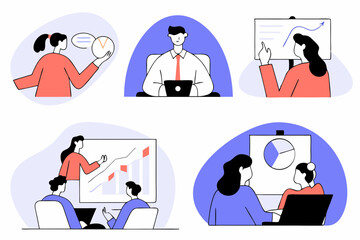 set of Social Media Marketing illustrations Collection of scenes with men and women taking part in business activities. Trendy vector style