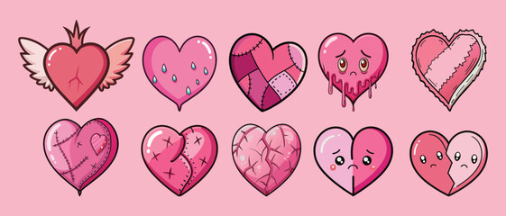 Collection of Cute Kawaii Pink Hearts Winged, Broken, Melting & Patchwork Emotions