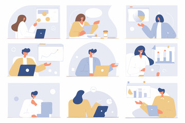 set of Social Media Marketing illustrations Collection of scenes with men and women taking part in business activities. Trendy vector style