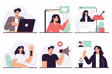 set of Social Media Marketing illustrations Collection of scenes with men and women taking part in business activities. Trendy vector style