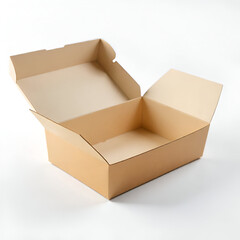 Cardboard Food Box Mockup with Partially Open Lid &ndash; Flat Lay on White Background

