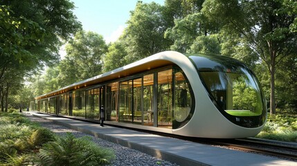 Naklejka premium Futuristic White Electric Train Surrounded by Green Trees on Railway Tracks