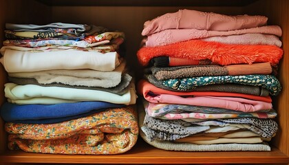 Closet with a stack of warm sweaters in the wardrobe