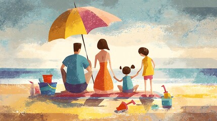 Watercolor Family Beach Day: A Serene Seaside Scene of Togetherness and Joy