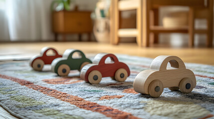 carros de juguete hechos de madera coloridos y divertidos sobre un tapete con un dibujo de pista para jugar a los carritos en una habitacion o cuarto infantil 
