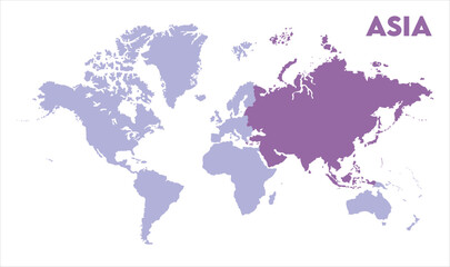 World map with Asia focus-05, Map of Asia, highlighted on the world map, Asia on the world map, Satellite view, Asia location on the globe.