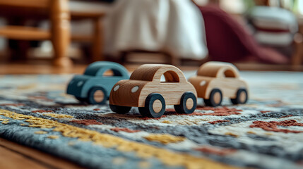 carros de madera para jugar juguetes de madera infantiles miniatura diseño creativo artesanal colorido sobre un tapete en una habitacion 