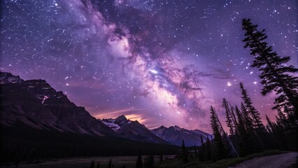 Milky Way over Mountain Range Night Sky Photography, Landscape Composition, Starry Night, Purple Hues, Astrophotography Astrophotography, Landscape