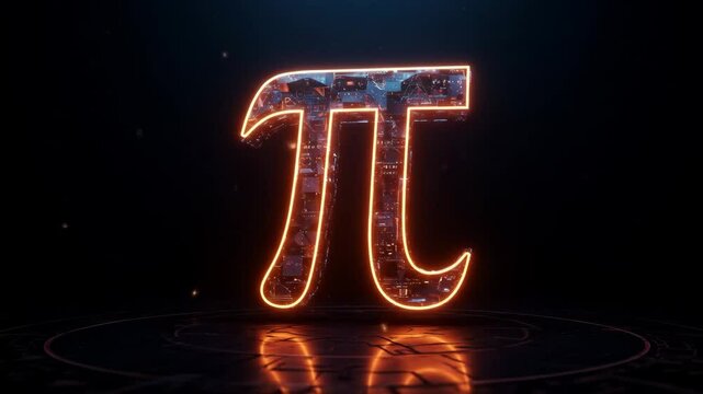 Glowing Pi Symbol in Futuristic Setting - A vibrant, orange-hued Pi symbol is presented against a dark background. The symbol appears to be constructed from intricate circuit boards