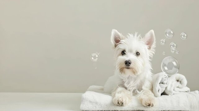 A small, fluffy dog rests comfortably with bubbles floating around while towels surround it, creating a soothing atmosphere