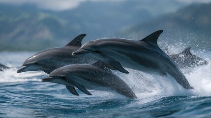 Acrobatic performance of wild dolphins swimming together in ocean waters