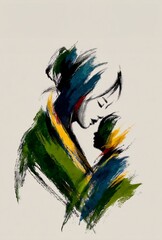 Abstract Brushstroke of Mother and Child in Minimal Ink Style