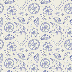 Summer seamless pattern with lemon and floral in line art. Doodle vector illustration of slices of citrus fruit, flowers and leaves on white background. For menu, summer design, poster, paper.