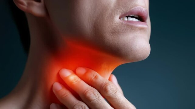 Throat discomfort: inflammation symbol, red glow, viral infection, sore sensation, thyroid issues, micro-nodules, tonsil pain, cold symptoms, health challenge, vocal distress, respiratory condition.