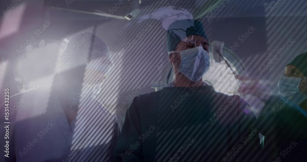 Poster surgical assistant applying sensor patch on surgeon's head, activating mesh rotating globe overlay