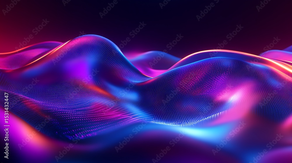 Poster a holographic logo with smooth, flowing lines, hovering in a dark digital space with soft reflection