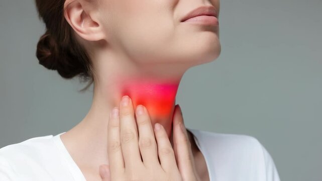 Throat discomfort: inflammation symbol, red glow, viral infection, sore sensation, thyroid issues, micro-nodules, tonsil pain, cold symptoms, health challenge, vocal distress, respiratory condition.