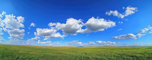 Wide shot of a vast grassy plain under a vibrant blue sky dotted with fluffy white clouds